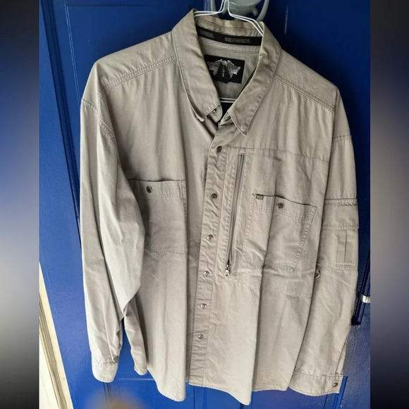 Harley Davidson Shirt Mens 2xL Canvas Outdoor Ls Embroidered ￼Pocket Button Tan